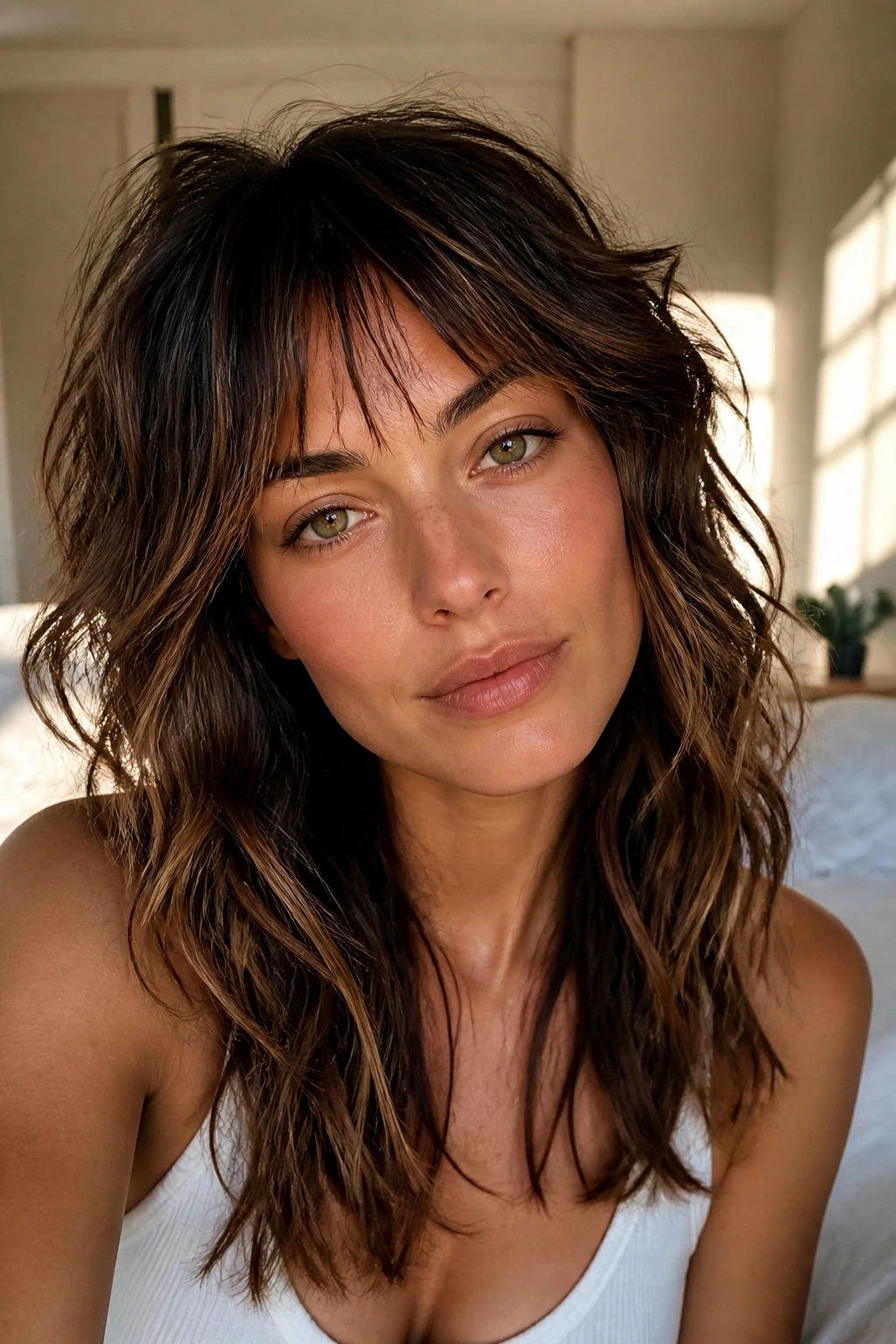 Close-up portrait of a real woman with a piecey fringe shag showing textured forehead-framing strands