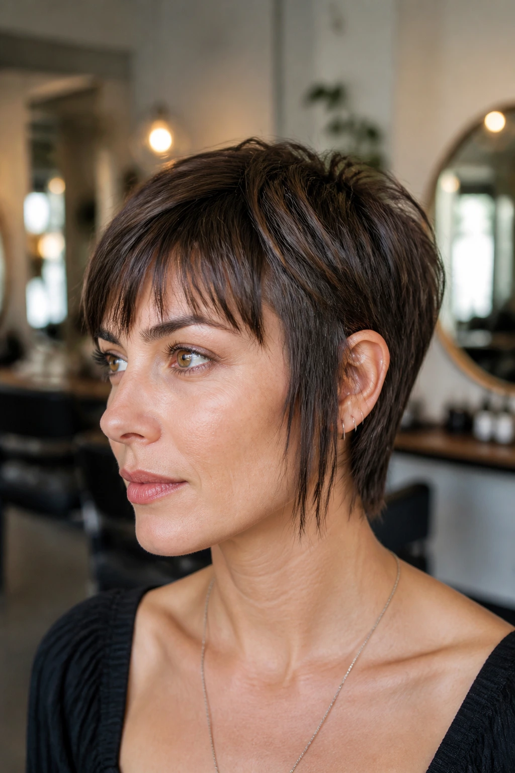 Close-up portrait of a real woman with piecey fringe and sideburn detail in a salon.