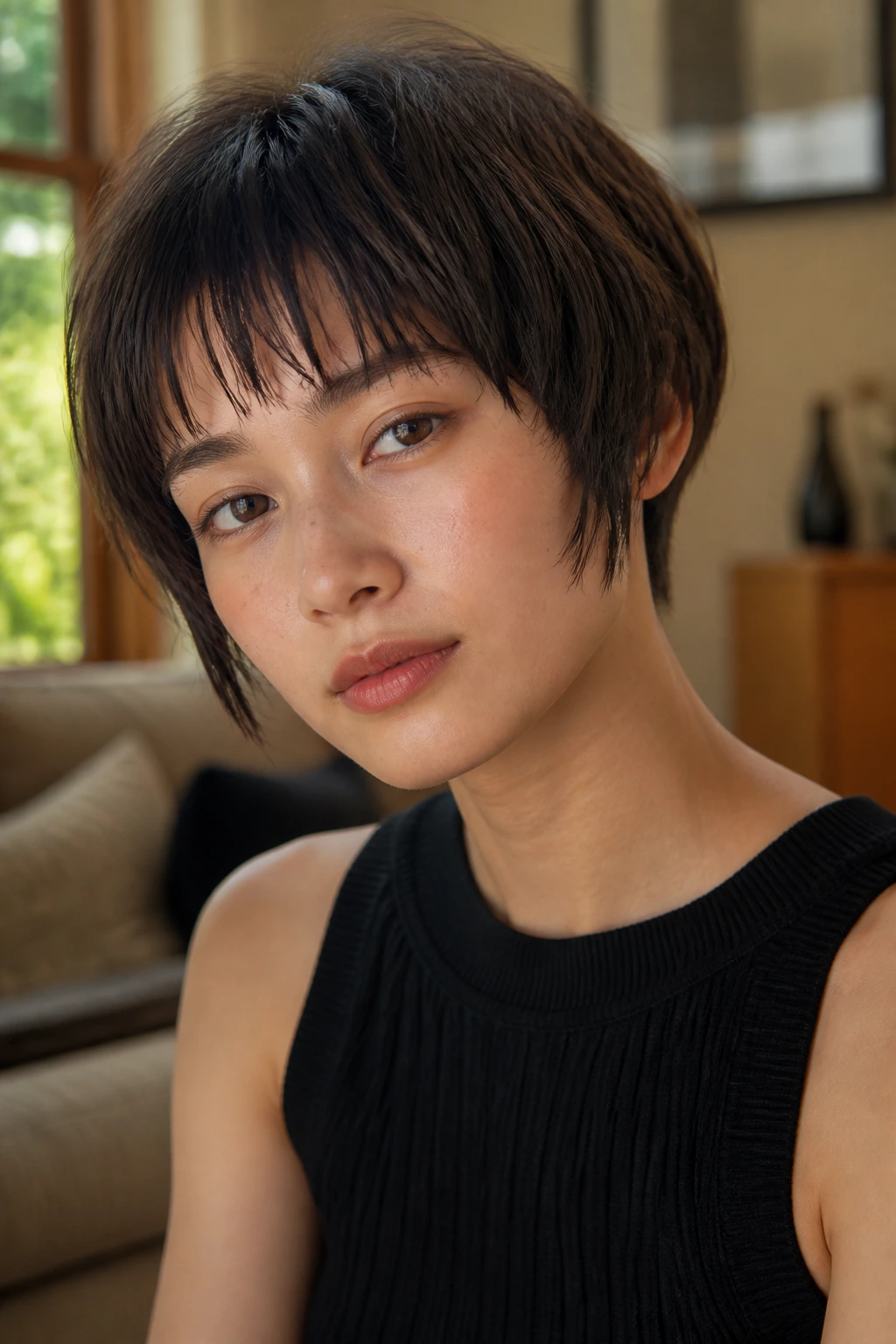 Real person with a soft bowl cut and piecey fringe featuring broken, textured bangs.