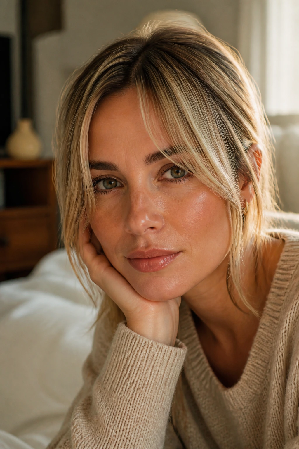 Close-up of a real woman with a piecey center-split fringe, textured front in warm window light
