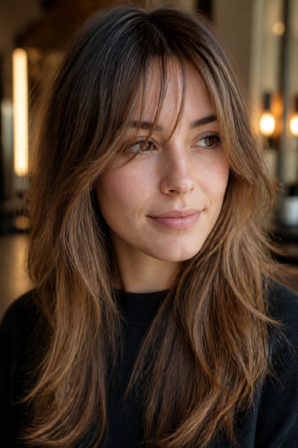 Close-up of a real woman with piecey split fringe showing separated front pieces in natural light