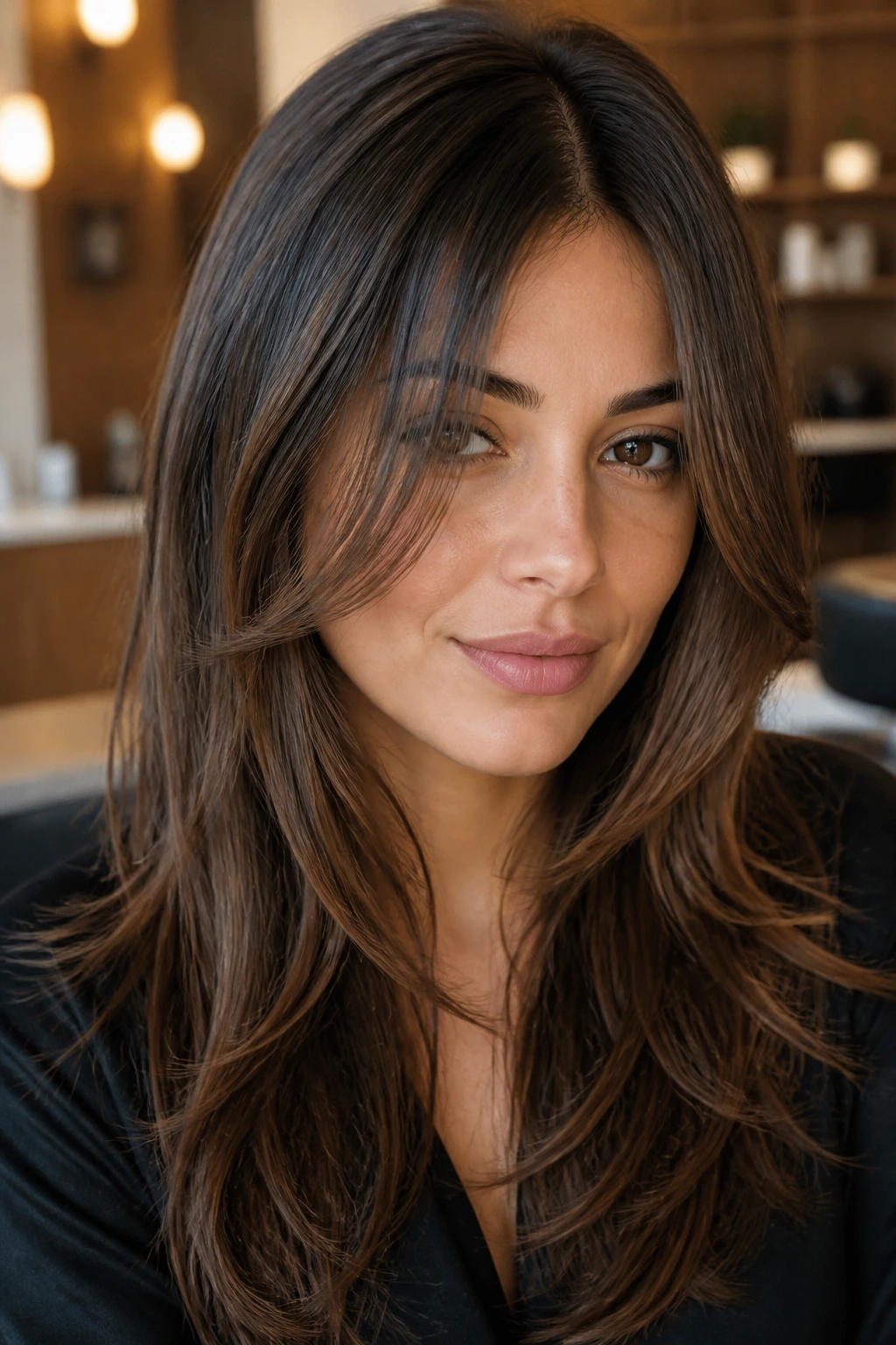 Close-up of a woman with piecey front layers framing the cheeks in a warm salon.