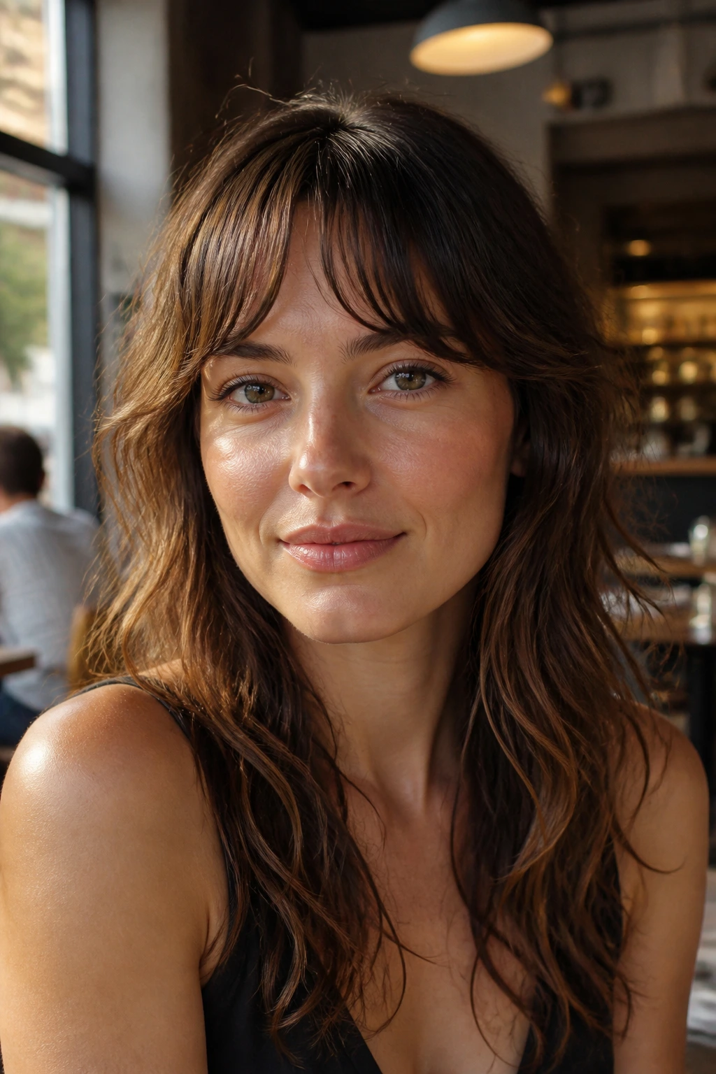 Close-up of a real woman with piecey half-moon fringe on wavy hair