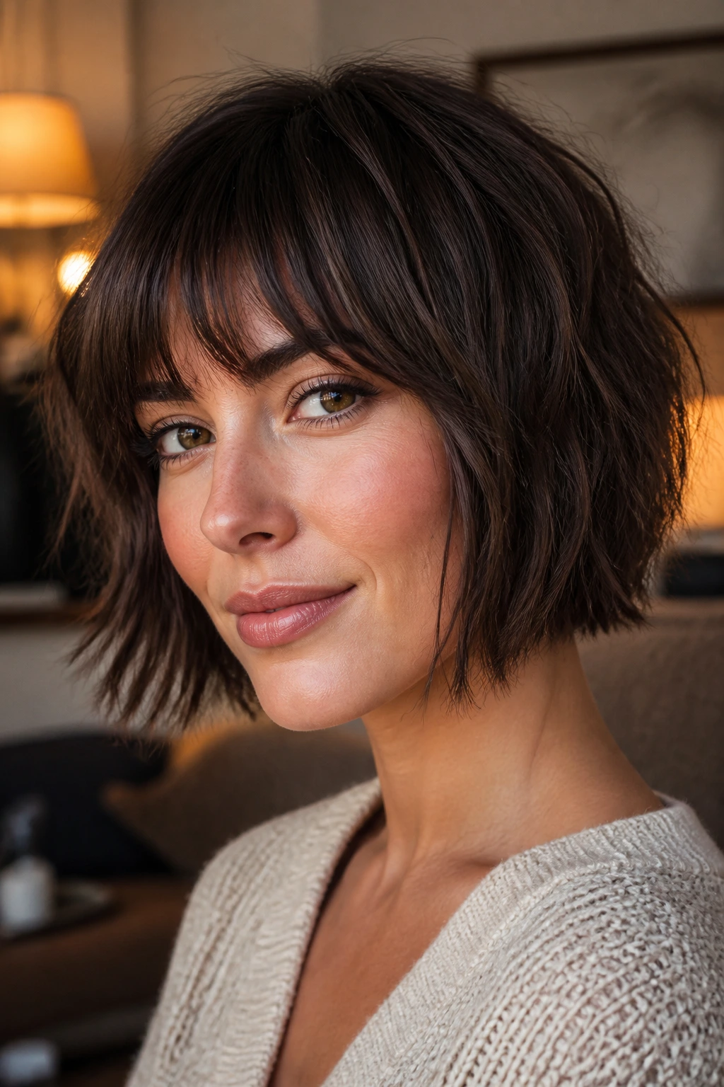 Close-up portrait of a real woman with a piecey jaw-length bob and textured ends