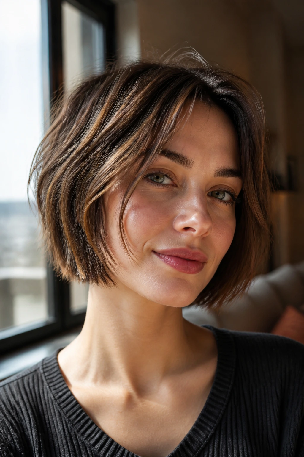 Close-up of a real woman with a piecey jaw-length bob and micro-layers.