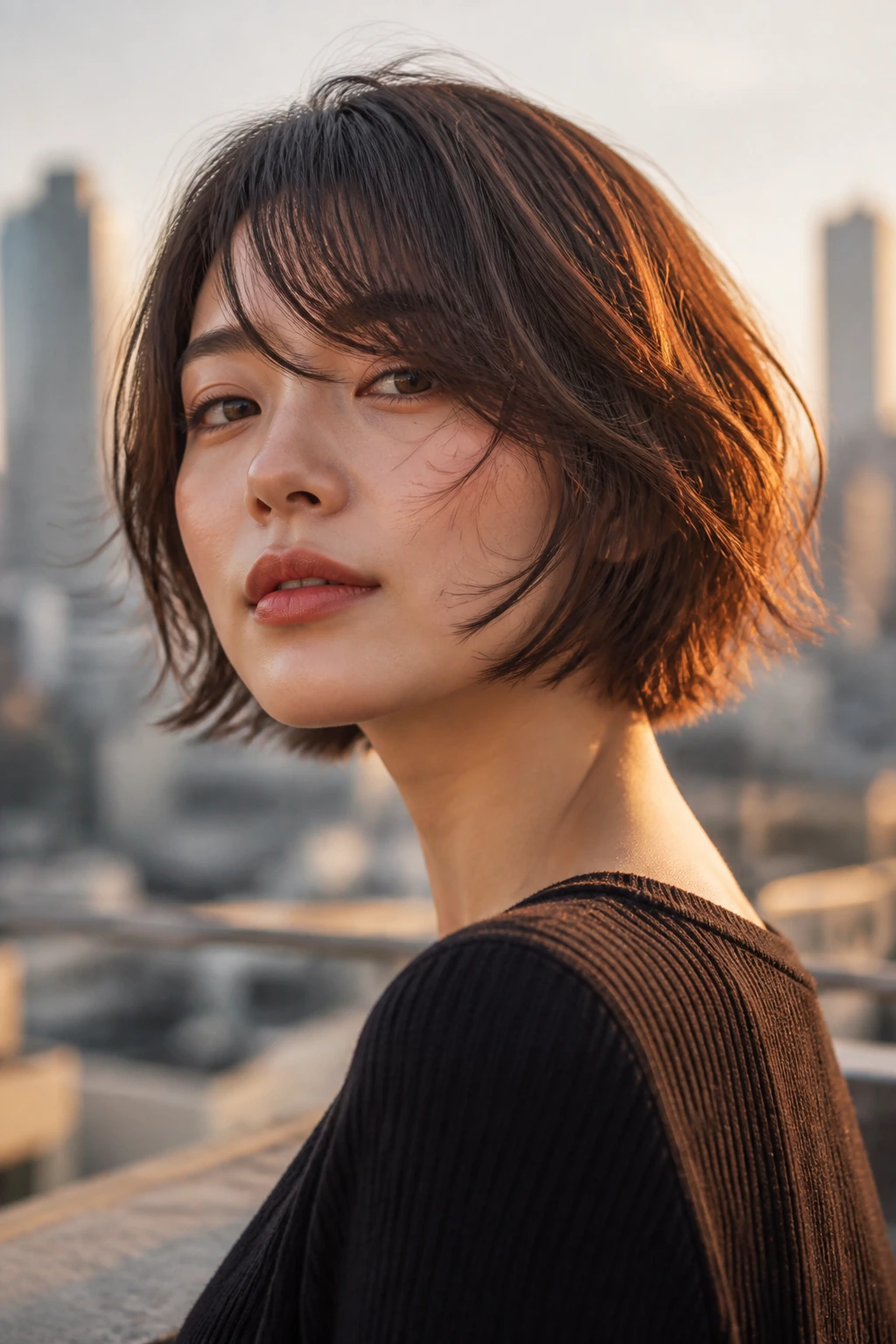 Portrait of a woman with a piecey jawline bob and textured bangs on a rooftop at golden hour.