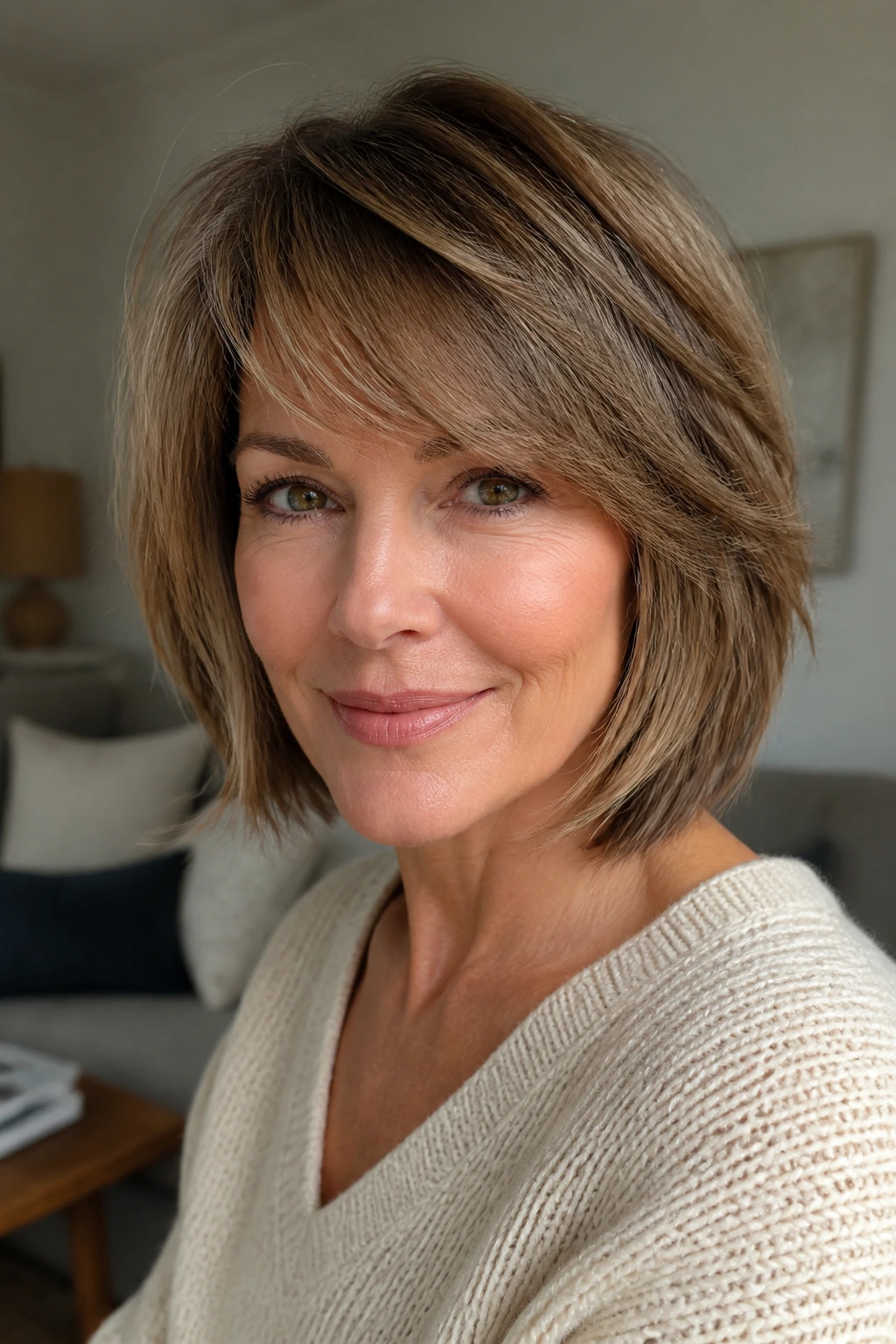Close-up of a real woman with piecey layered bob and side bangs