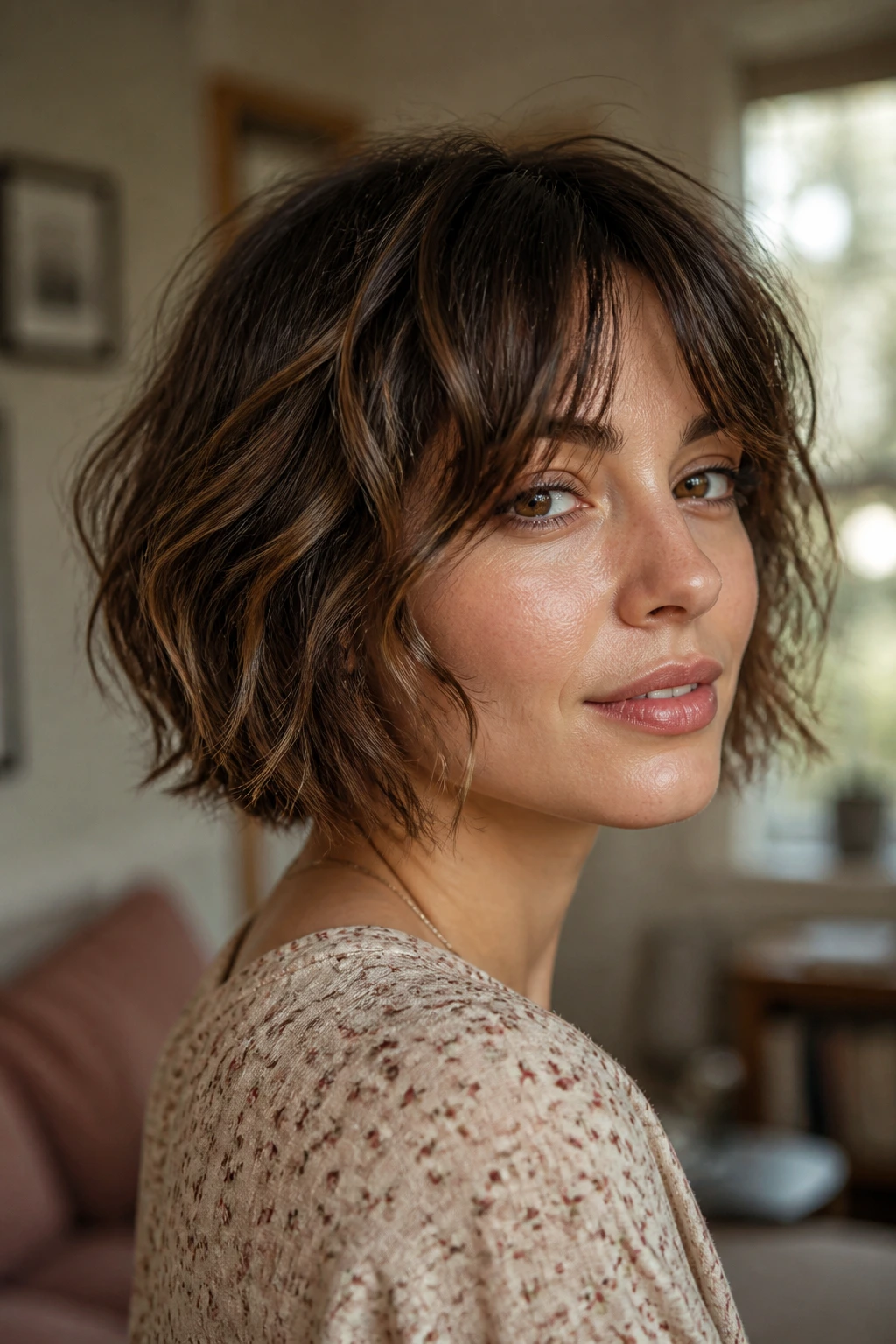 Portrait of a real woman in a piecey layered chin-length bob with textured strands
