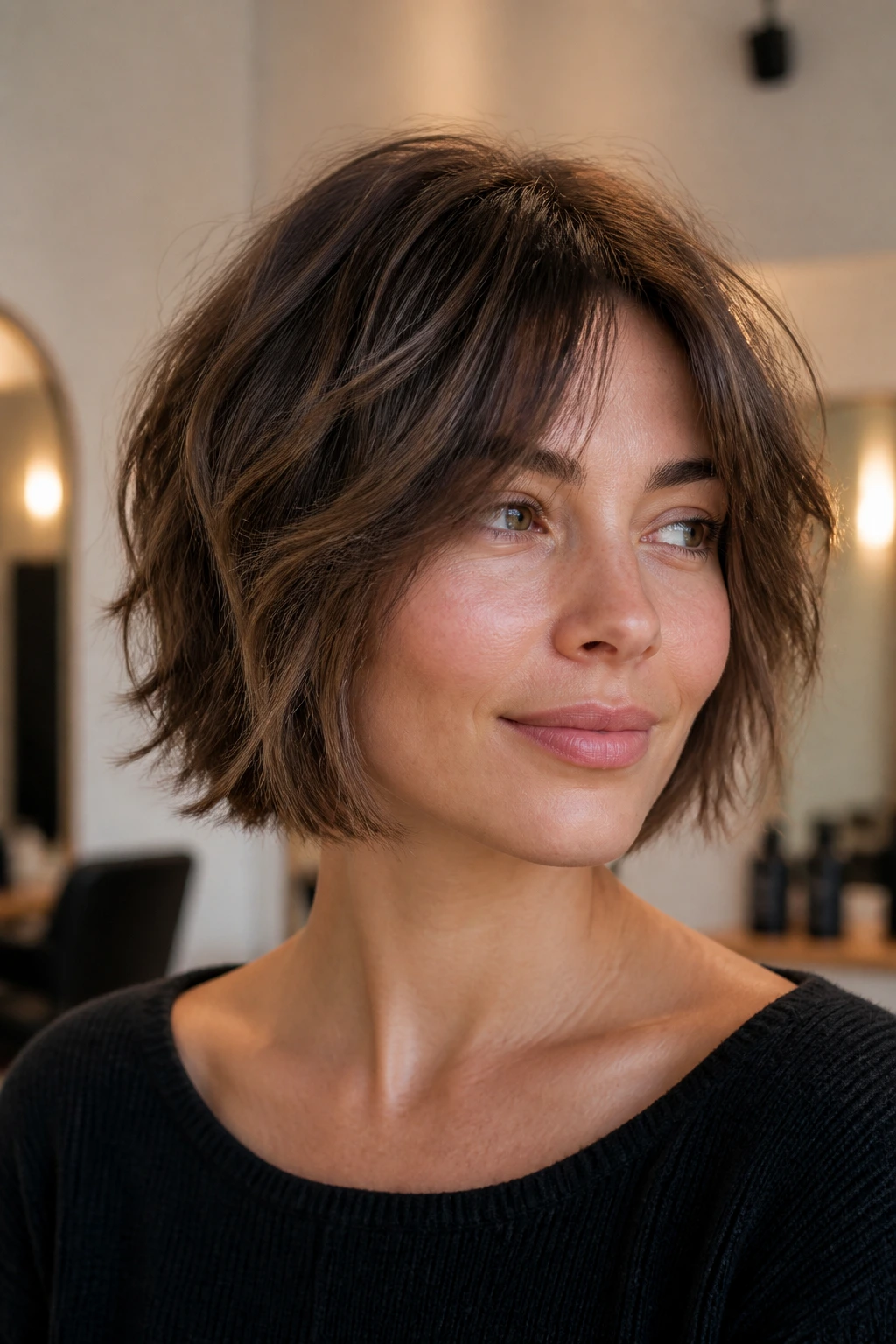 Close-up of a real woman with a jaw-length piecey layered bob and soft waves