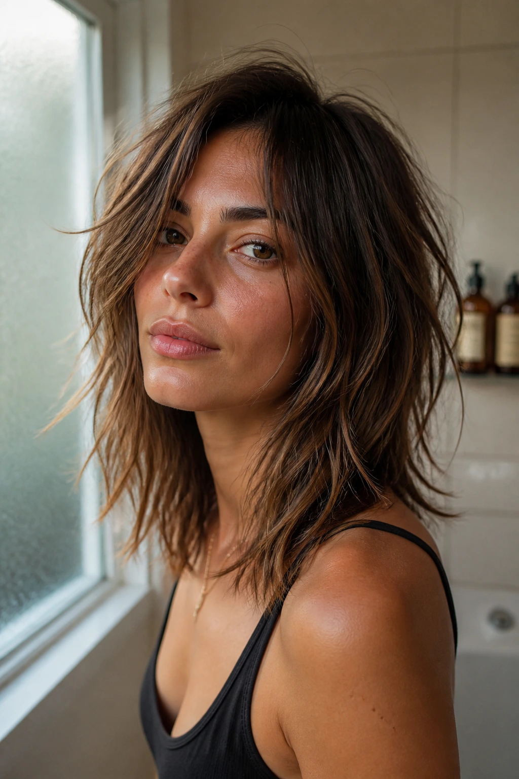 Real woman with piecey air-dried shoulder-length layers showing natural texture.