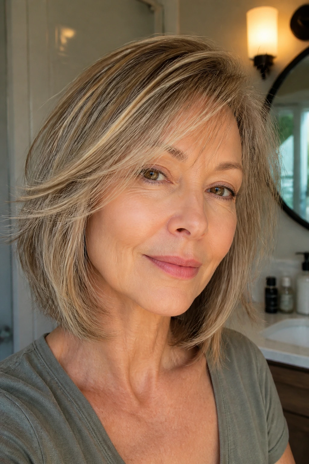 Close-up of a real woman with piecey layers adding fullness to fine hair