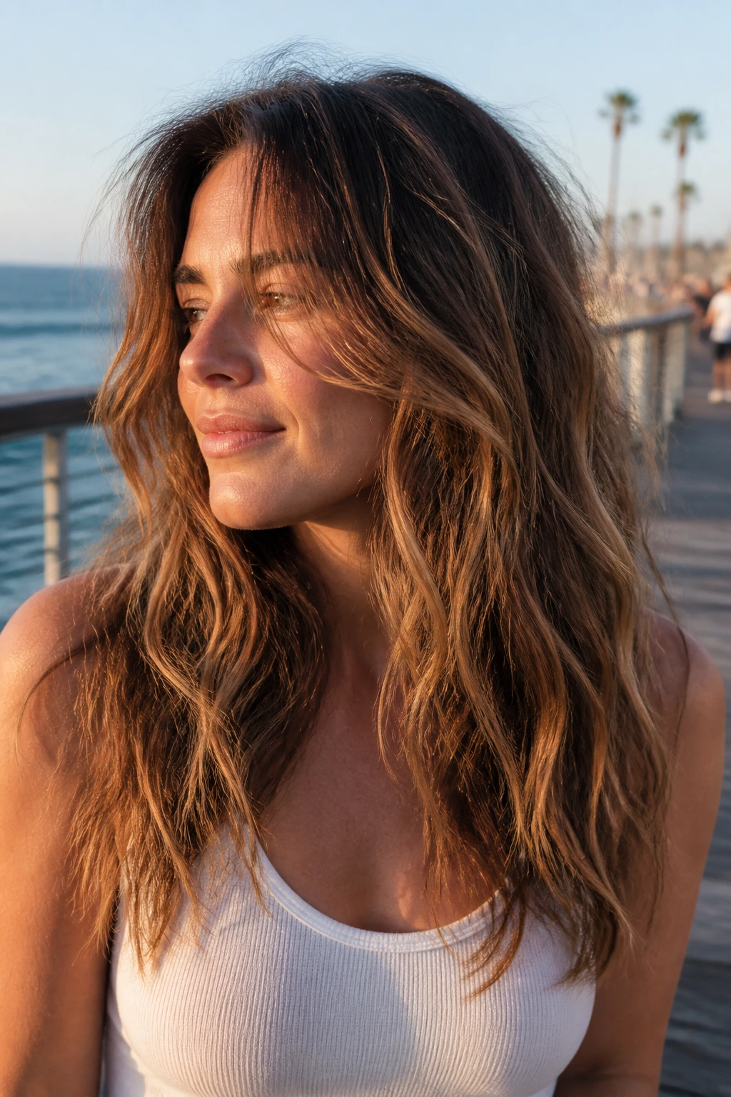Close-up of a real person showing piecey layers and natural waves in thick hair at golden hour