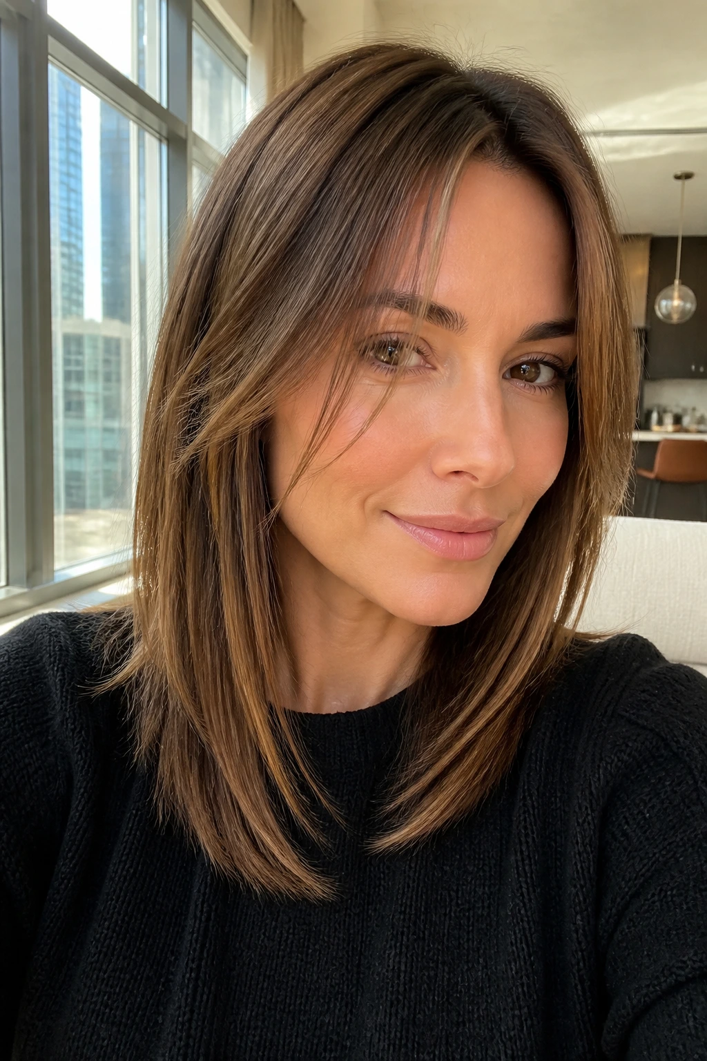 Close-up portrait of a real woman with straight hair and piecey front layers
