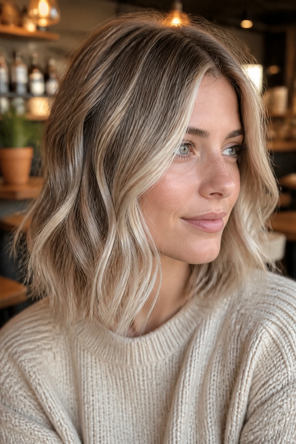 Portrait of a woman with a piecey lob and babylights, warm lighting.
