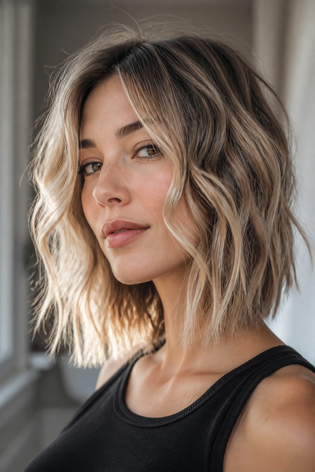 Close-up portrait of a real person with a piecey lob and dry texture spray