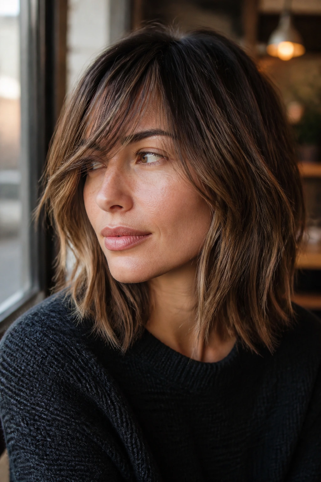 Woman with piecey lob fringe close-up