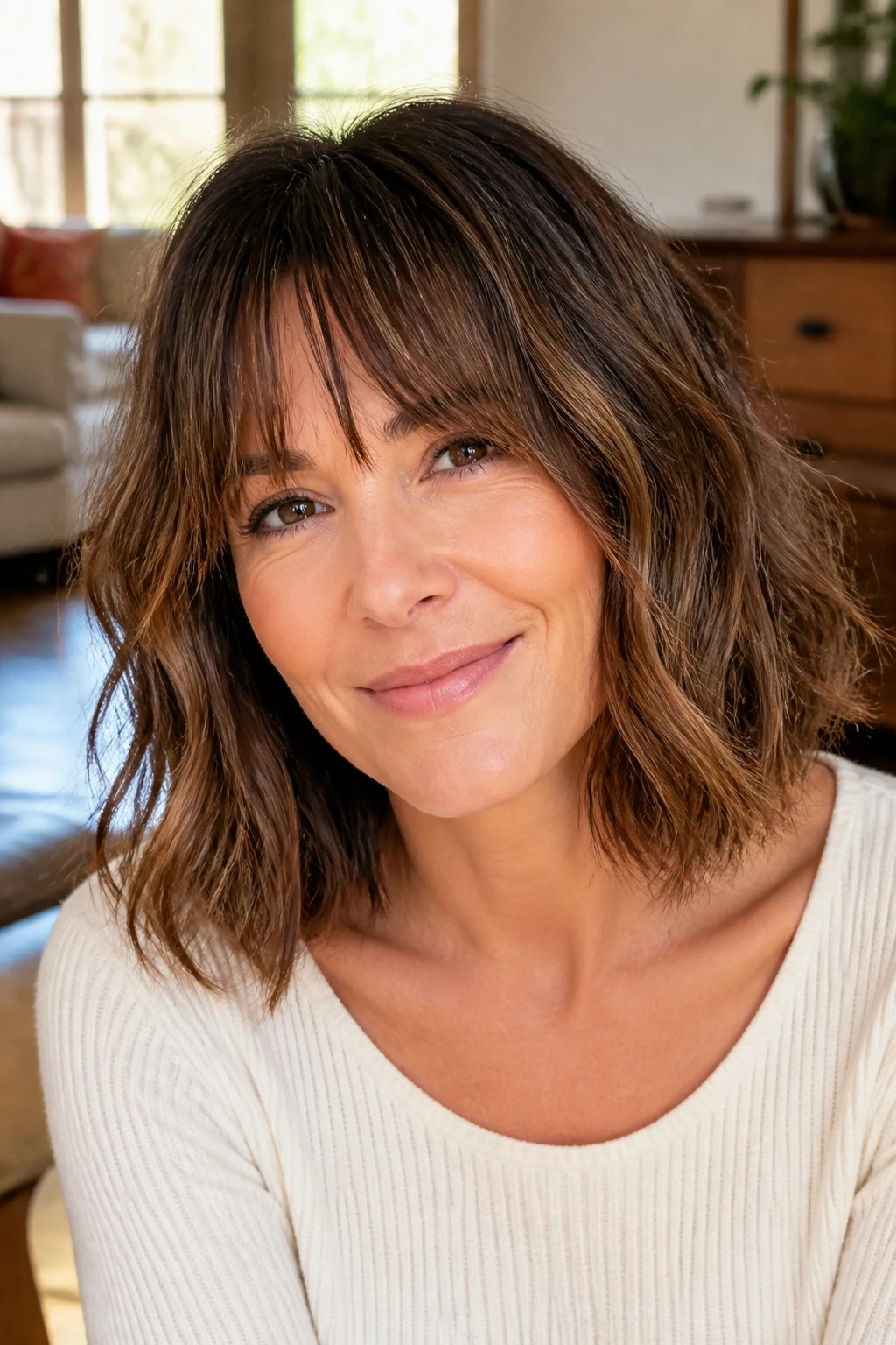 Close-up portrait of a real woman with piecey lob fringe and wavy hair in warm window light.