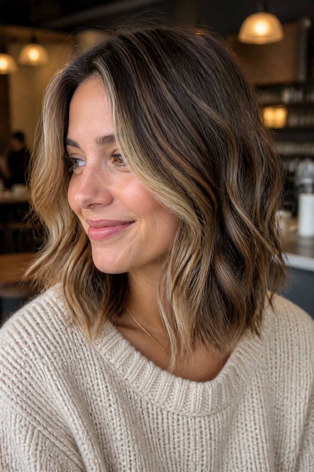 Close-up of real woman with piecey lob and micro-lowlights
