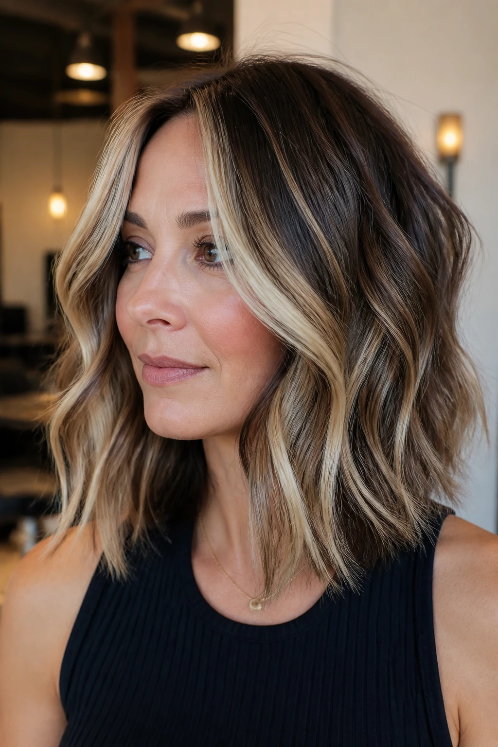 Close-up of a real woman with a piecey lob, bold money pieces and lowlights
