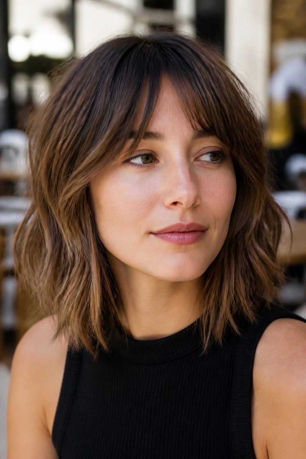 Portrait of a real woman with piecey lob shag showing textured ends
