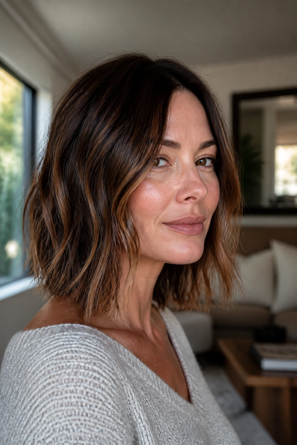 Close-up of a real woman with a piecey tapered-end lob and loose waves by a window light