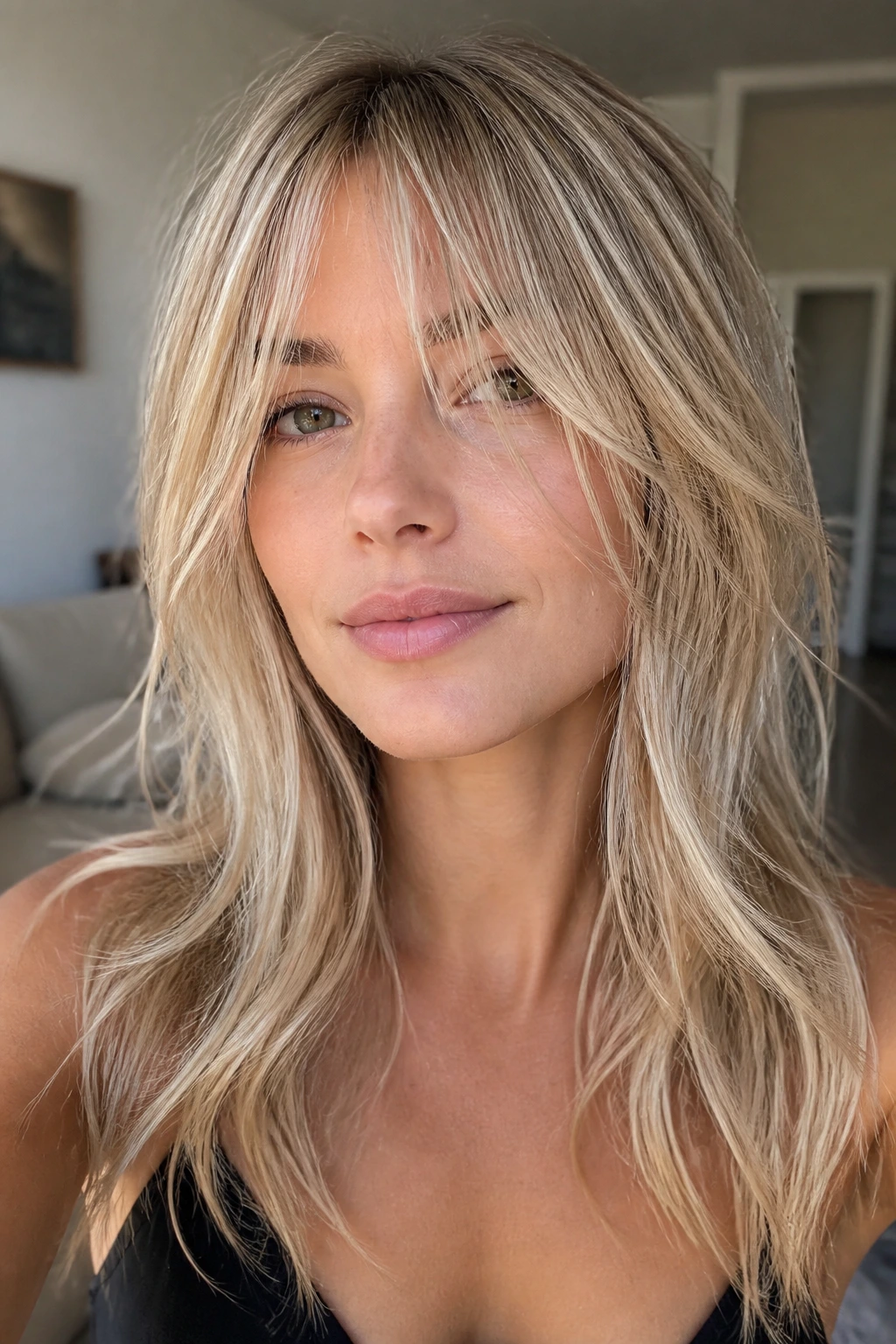 Close-up of a real woman with piecey long bangs and invisible layers