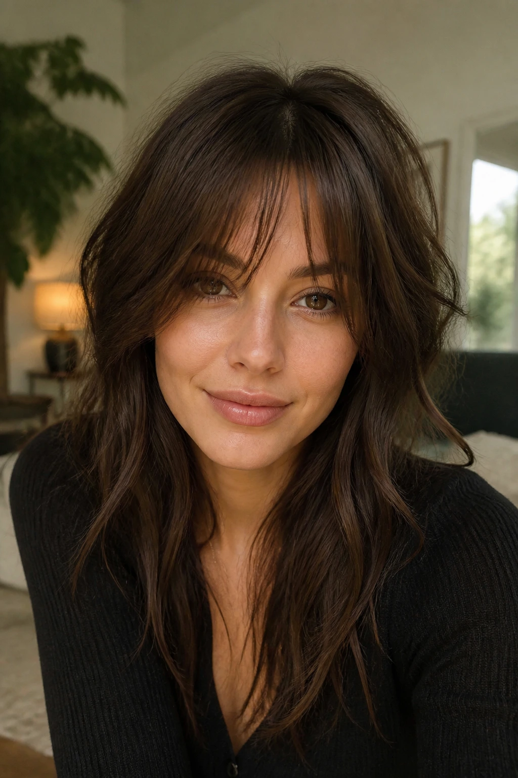 Real person with a textured, piecey long fringe