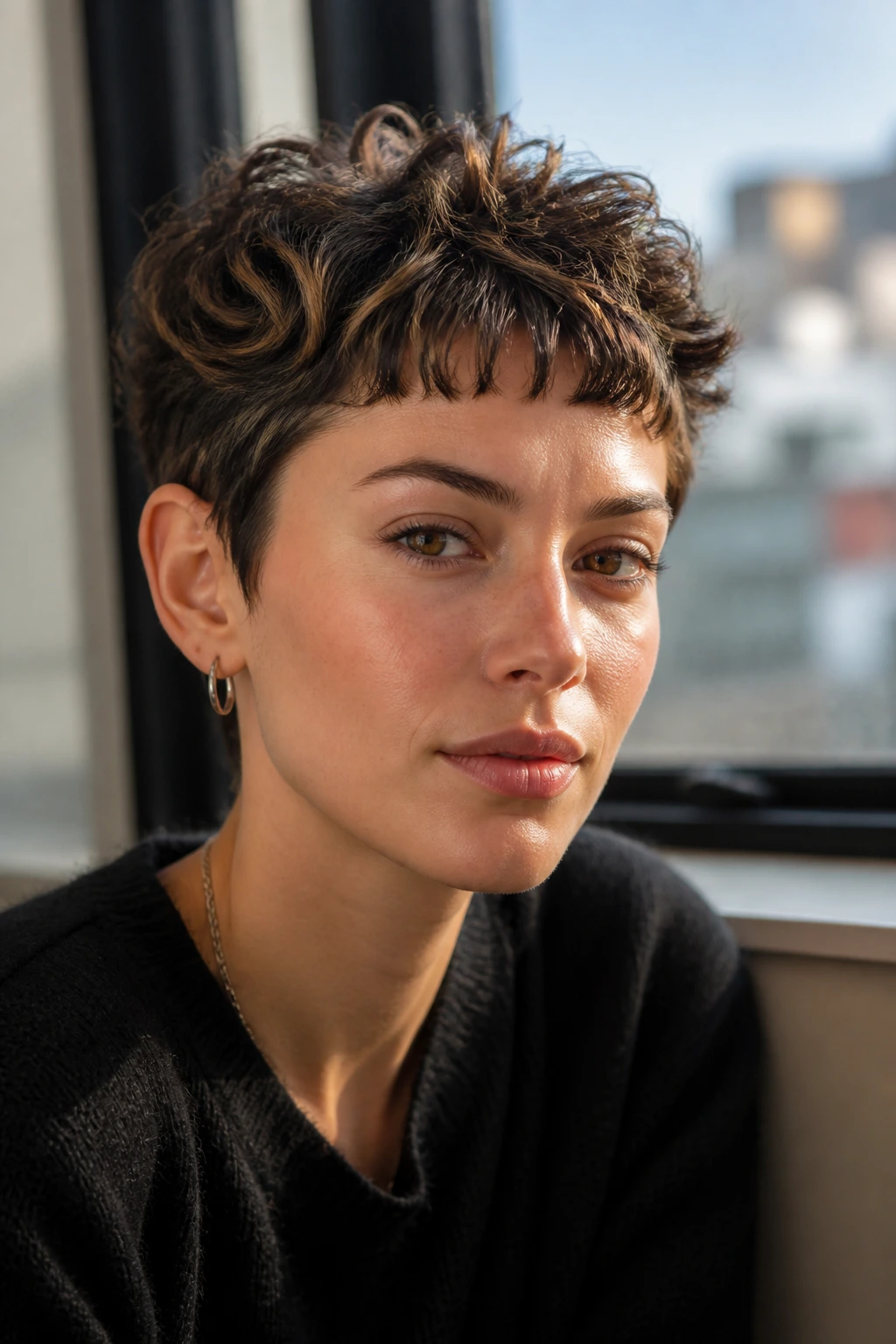 Real woman with piecey micro-bang pixie and caramel fringe