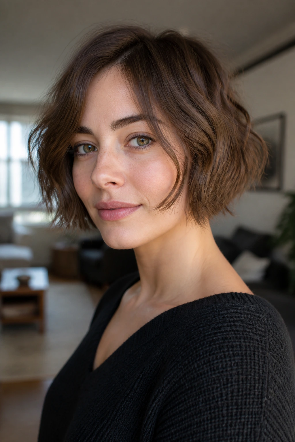 Close-up portrait of a real woman with piecey micro-layer bob