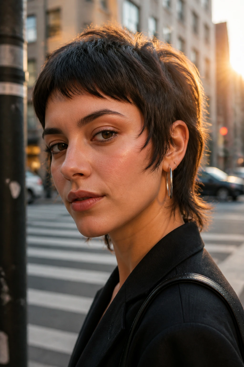 Close-up portrait of a real person with Piecey Micro-Mullet Shag hairstyle