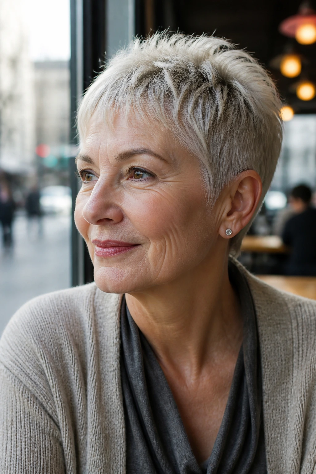 Real woman with piecey micro-pixie haircut in daylight at a cafe.