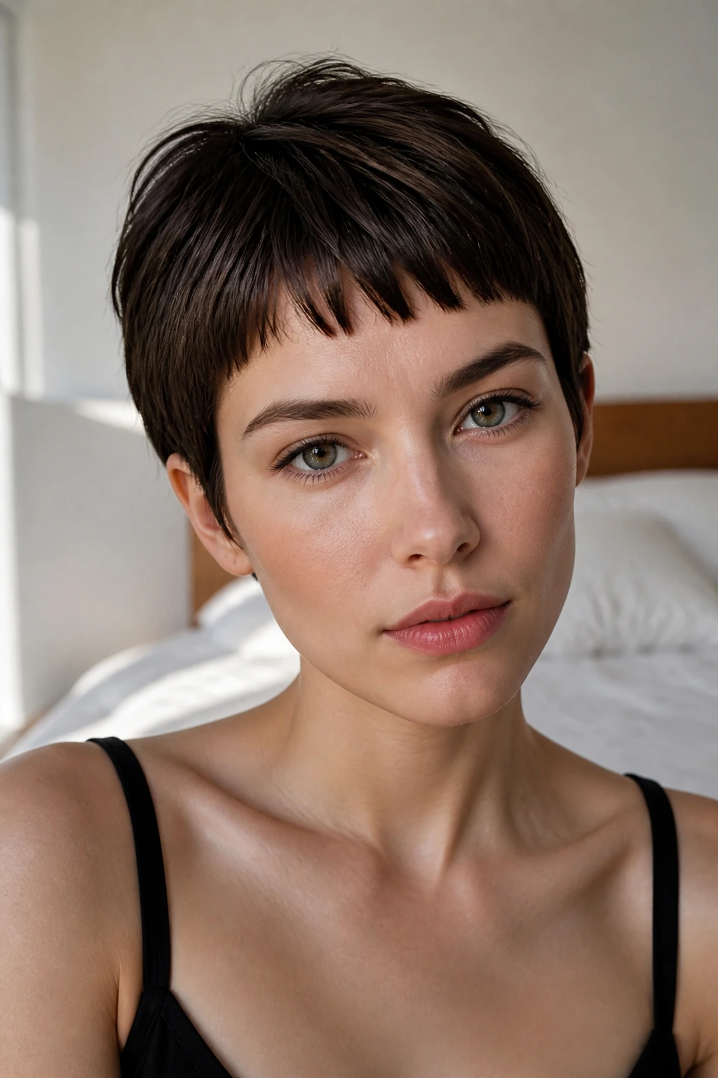 Real person with piecey micro sweep fringe close-up portrait