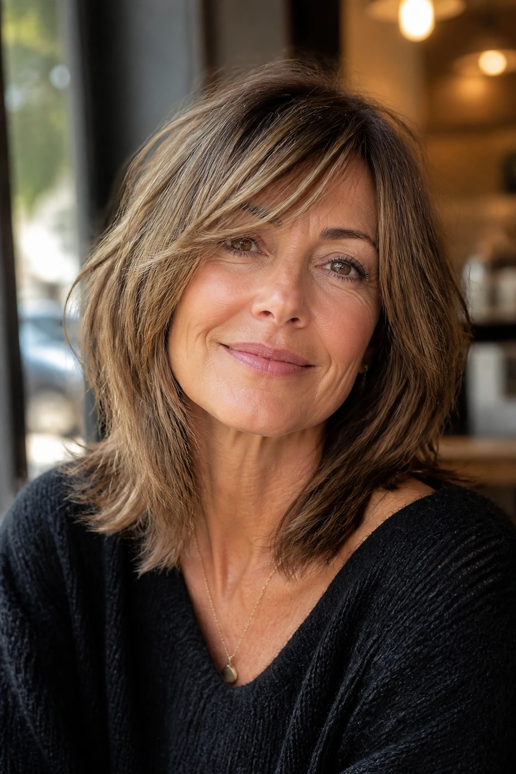 Close-up portrait of a real woman with piecey mid-length hair and side-swept bangs