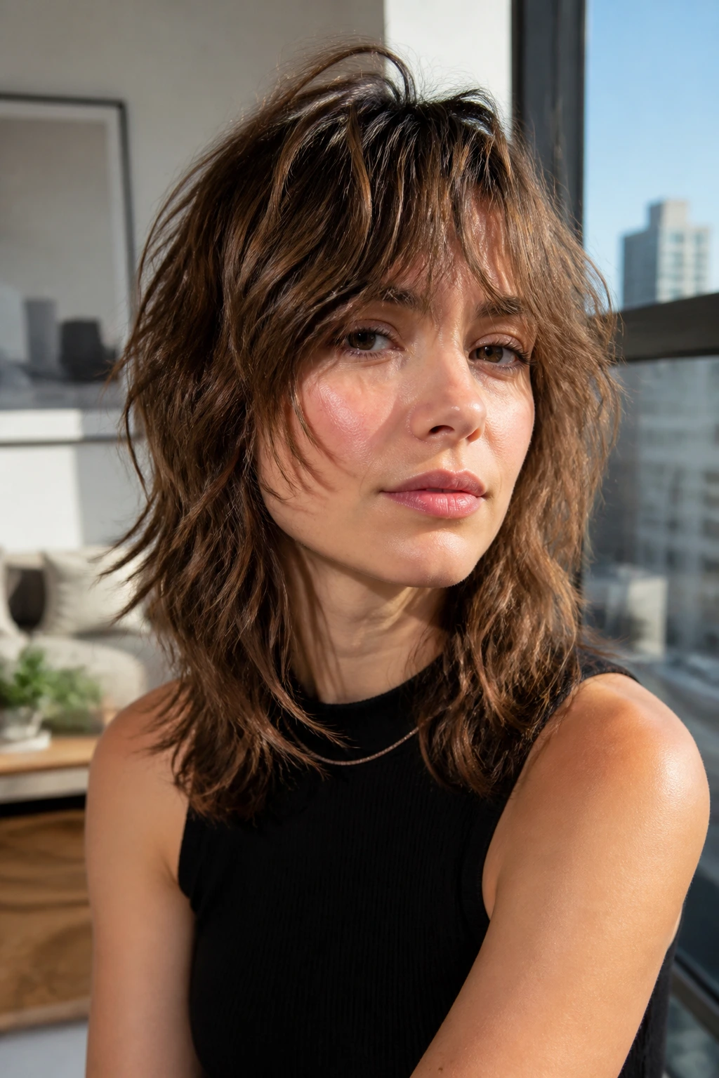Portrait of a real person with piecey mid-length wolf cut and defined layers.