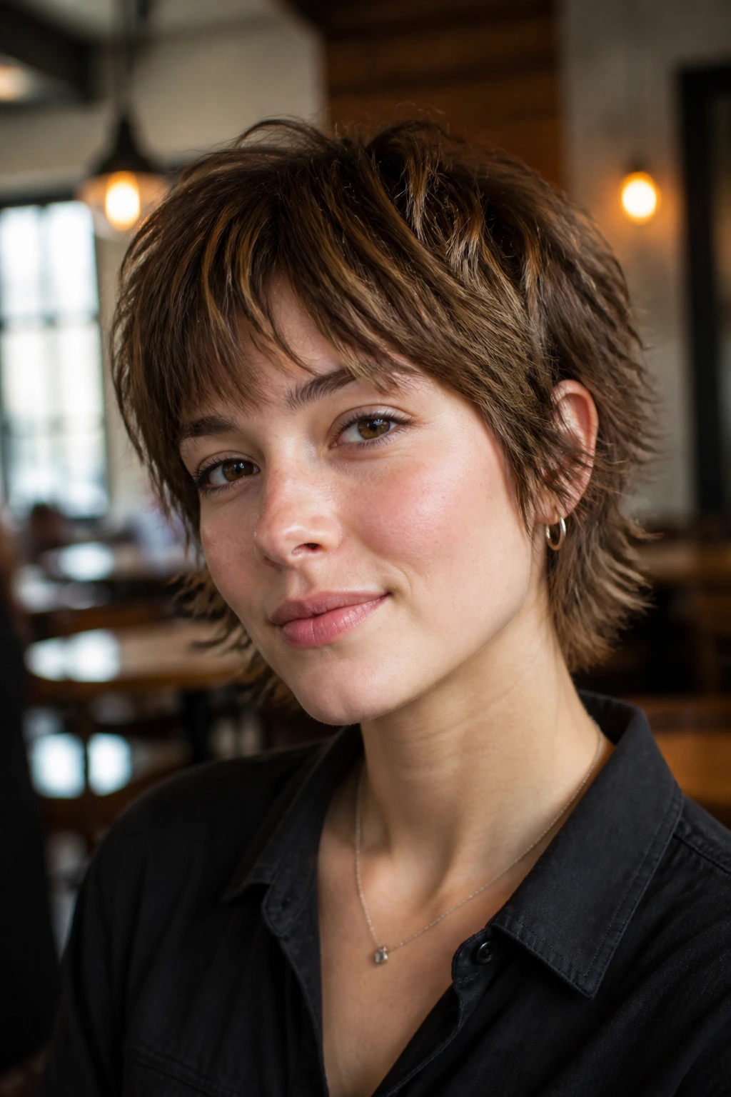 Close-up of a young woman with a piecey mini shag, showing short crown layers and a piecey fringe