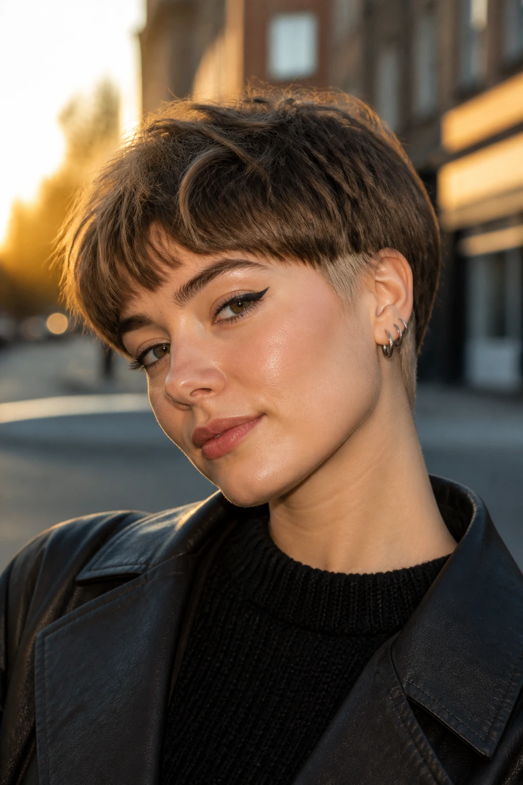 Woman with piecey mushroom crop wearing soft top and lighter underlayer