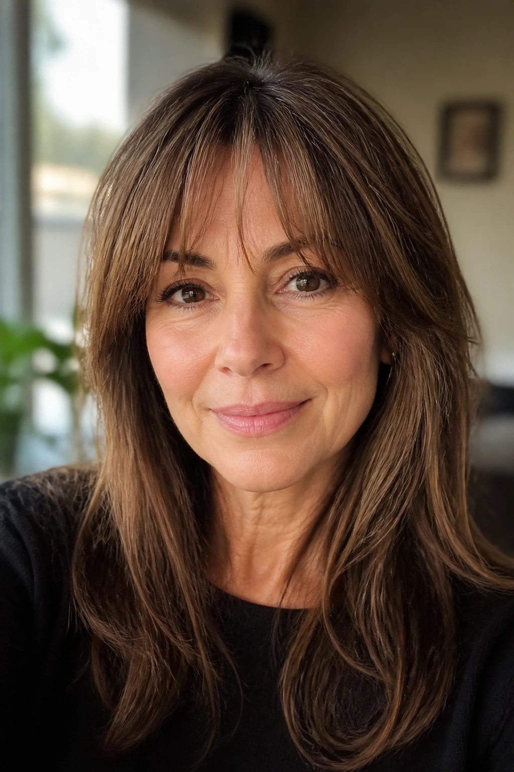 Real woman with piecey parted fringe creating a light, airy forehead framing