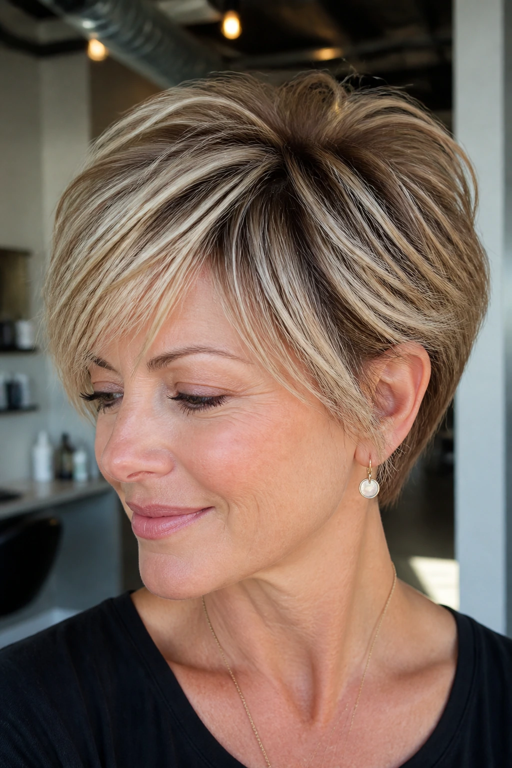 Portrait of a woman with a piecey pixie-bob in warm champagne tones.