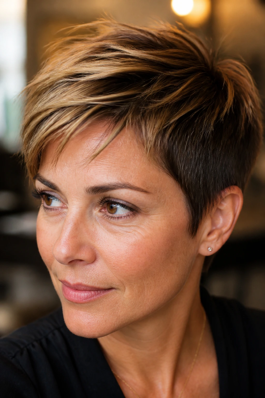 Close-up of a real person with a piecey pixie and highlighted crown.