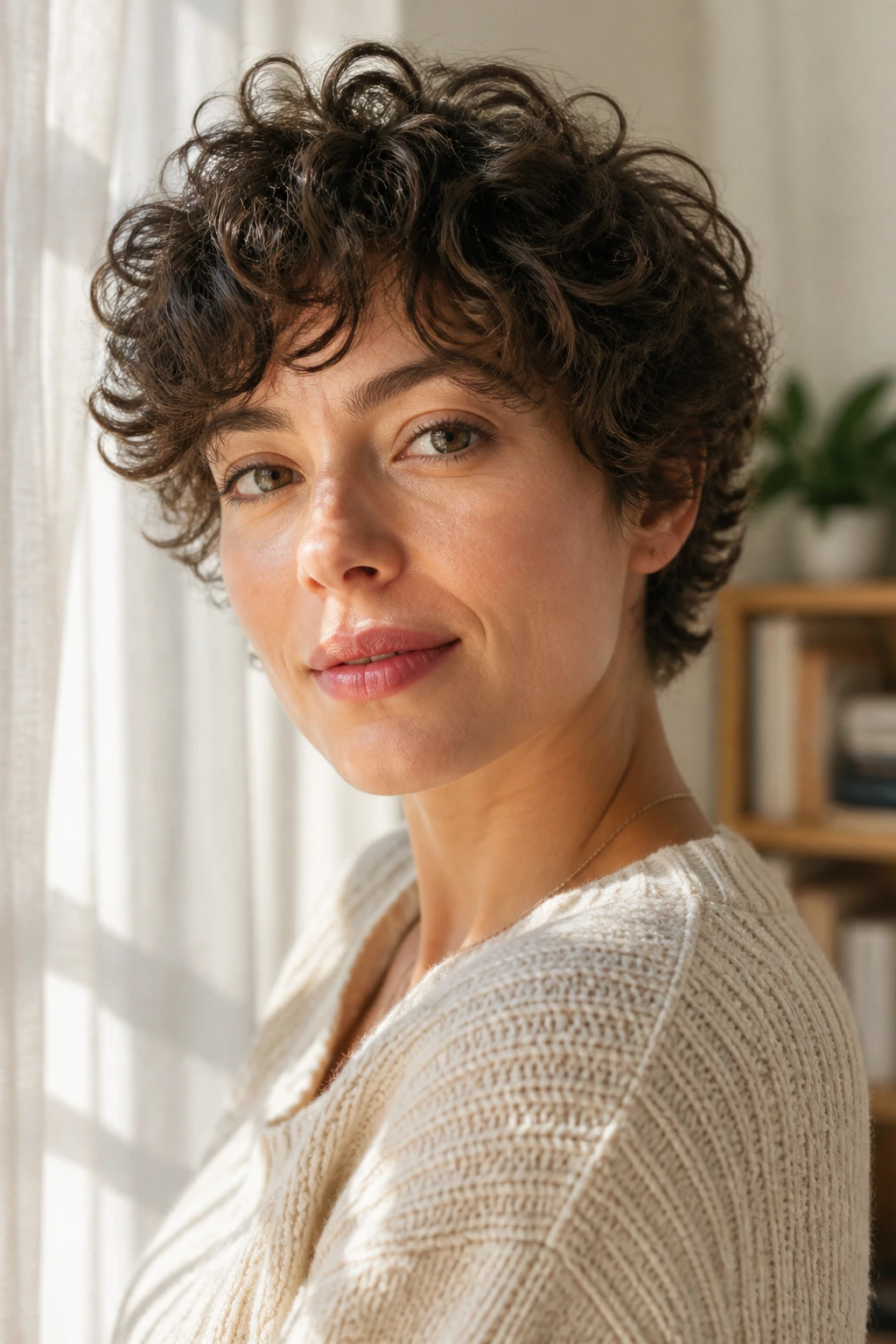 Close-up of a woman with tousled piecey pixie showing uneven fringe and texture.