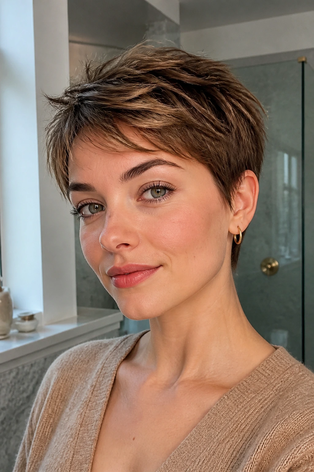 Close-up of a real person with a piecey pixie cut