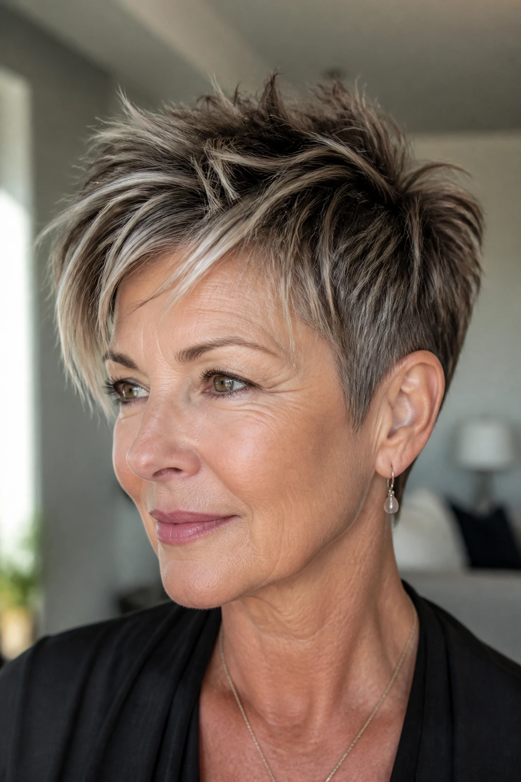 Close-up portrait of a real woman with Piecey Pixie with a Longer Top, highlighting separated top pieces and texture.