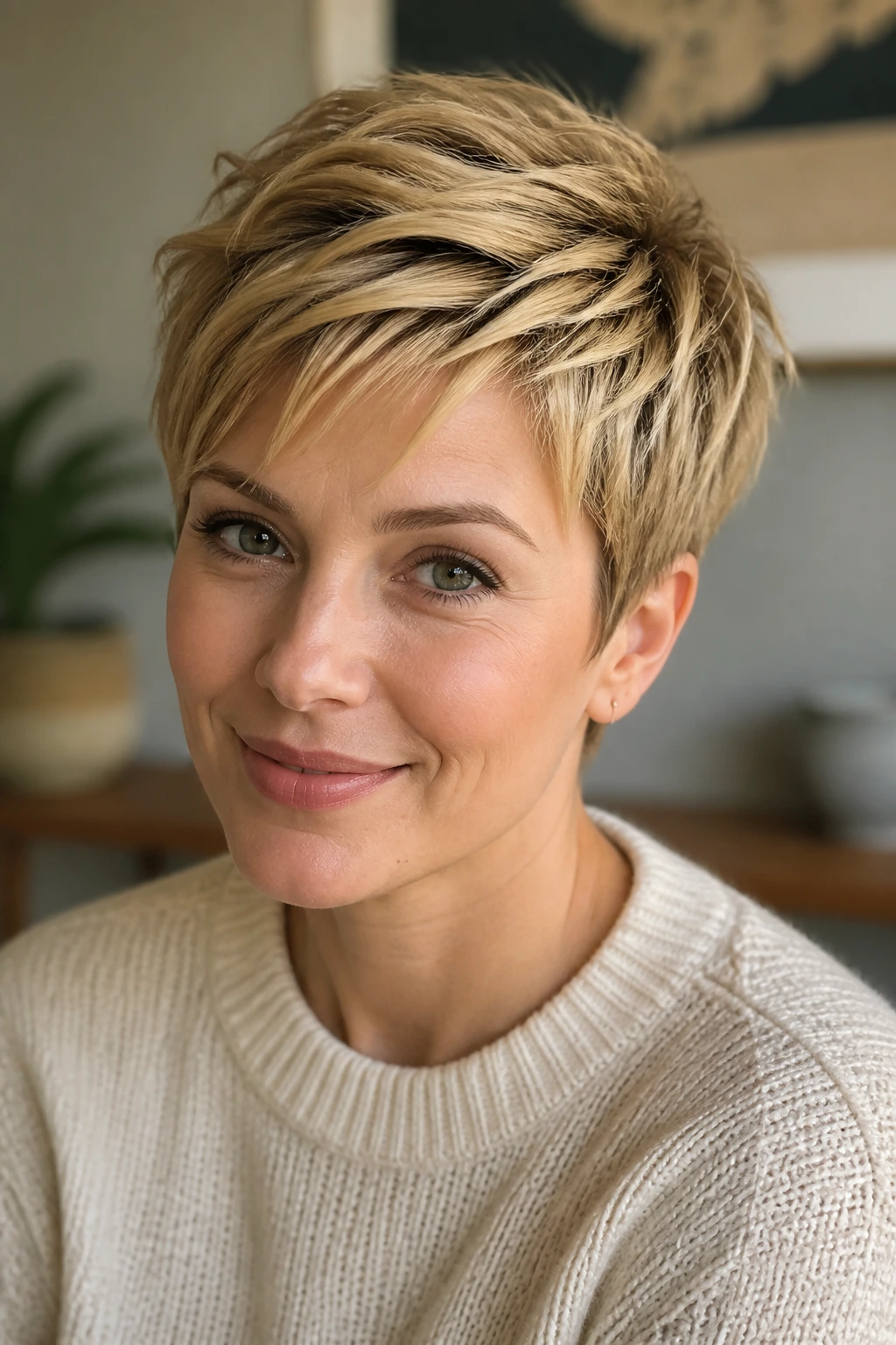 Portrait of a woman with a piecey pixie and longer top length