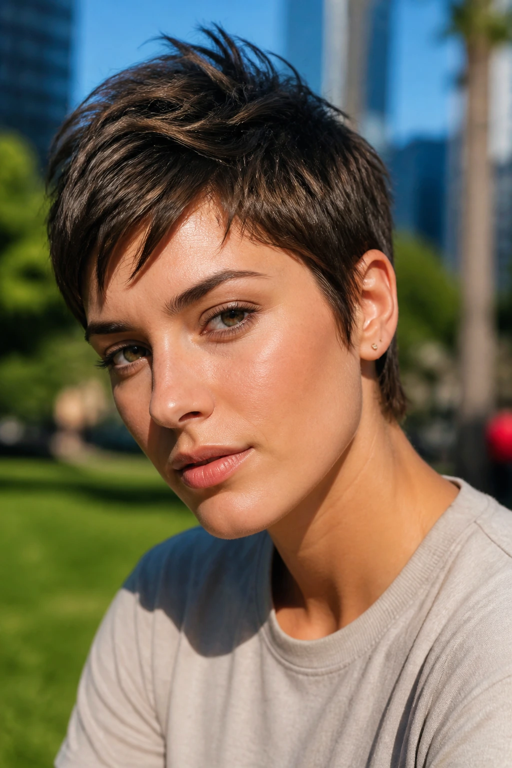 Real person with piecey pixie hairstyle using matte paste