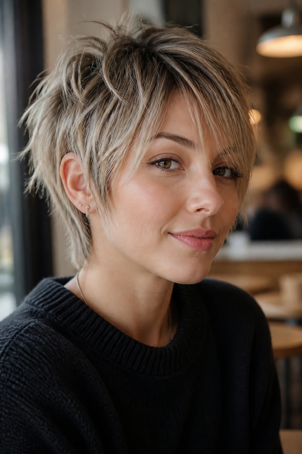 Close-up of a real person with Piecey Pixie Shag featuring high top layers and textured crown in a cafe setting