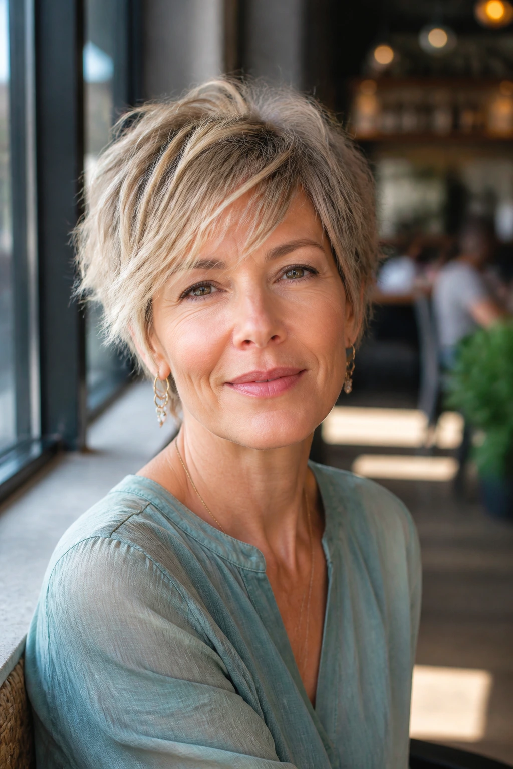 Close-up of a woman with piecey pixie shag and textured top