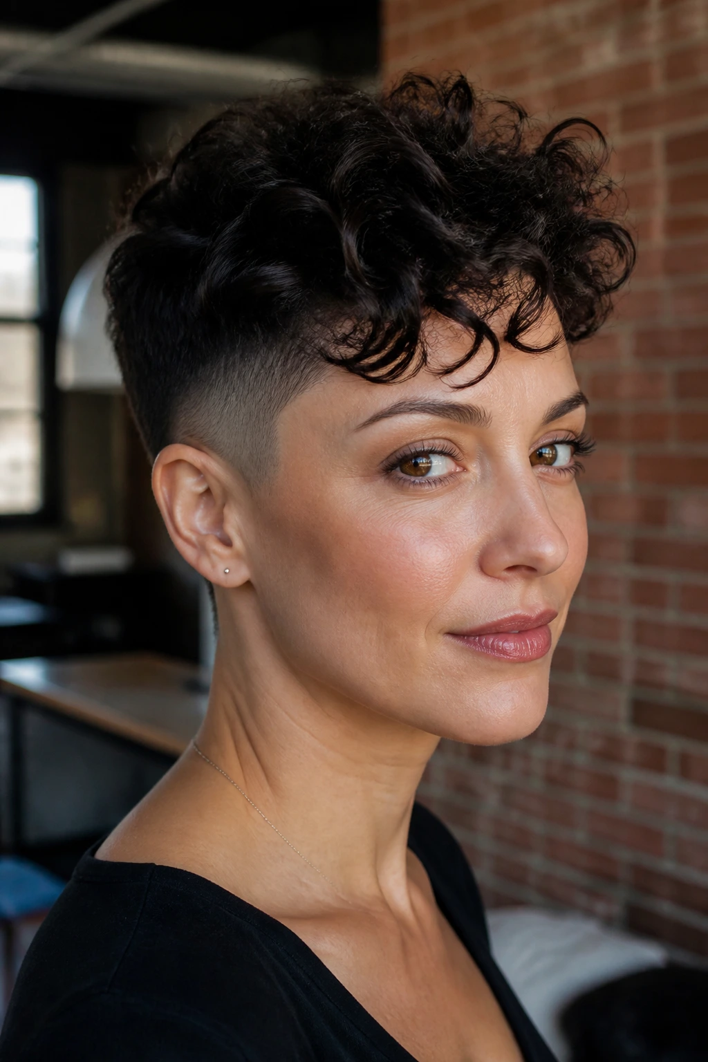 Close-up of a real woman with piecey long pixie and temple fade in a modern apartment