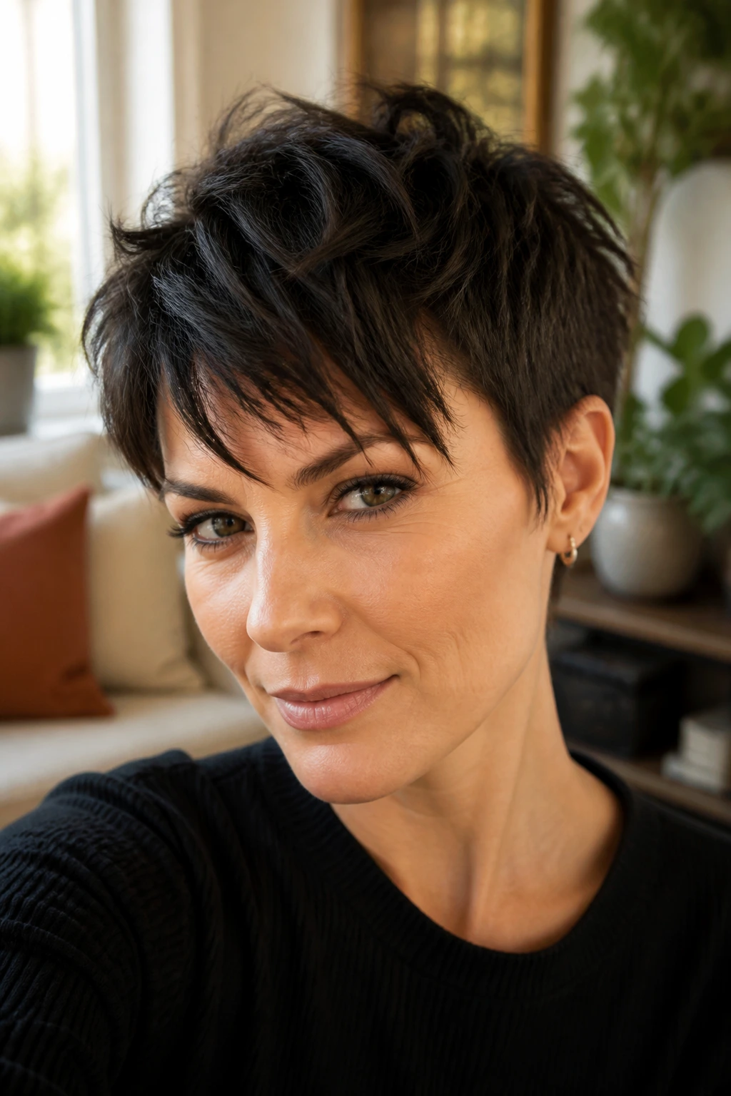 Close-up portrait of a real woman with a piecey pixie and long top layers.