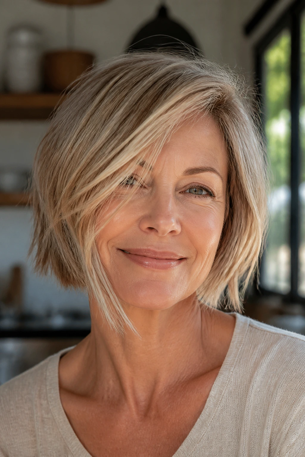 Real woman wearing a piecey razor bob on fine hair