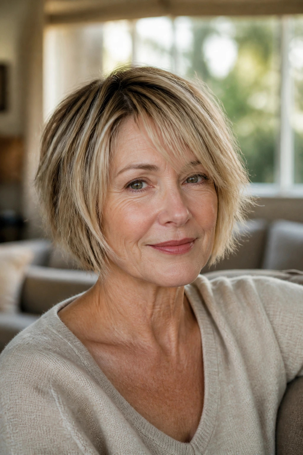 Close-up of a real woman with a light razor-finished piecey bob on fine hair in warm natural light
